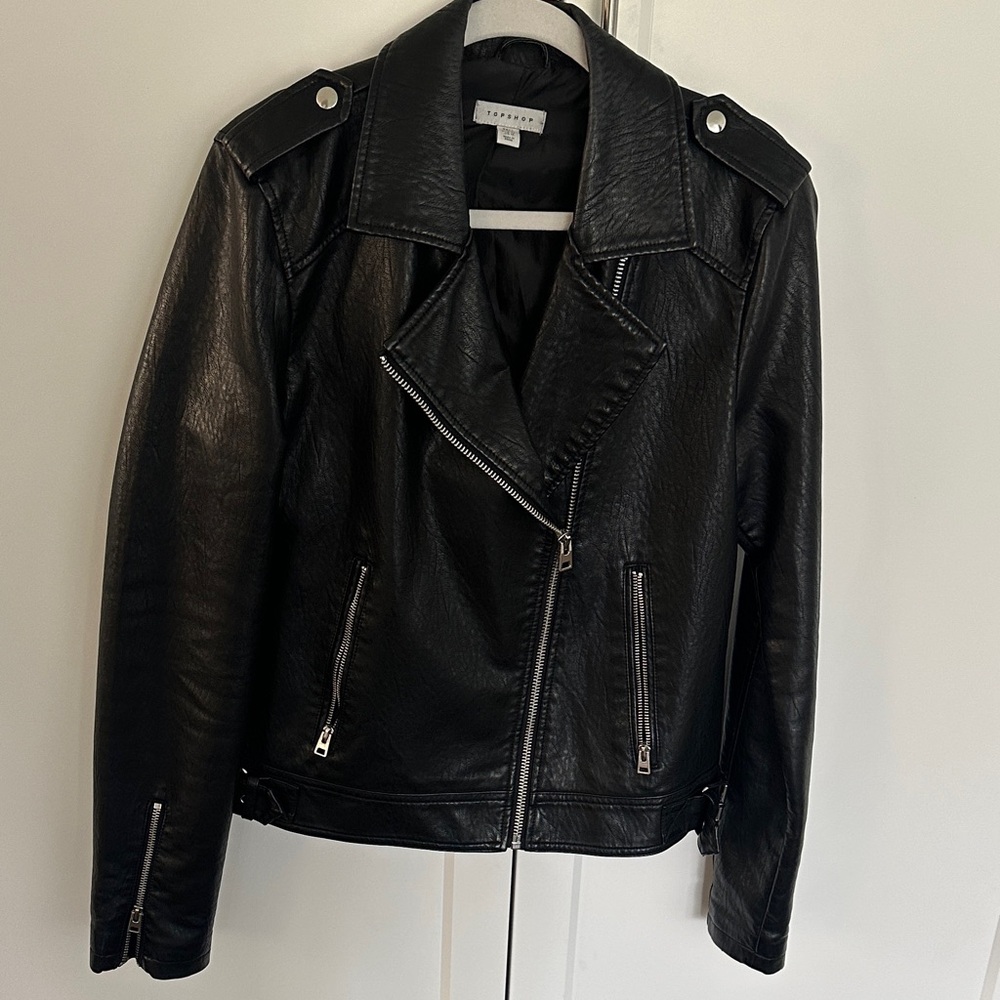 Topshop Black Faux Leather Moto Jacket with Silver Hardware